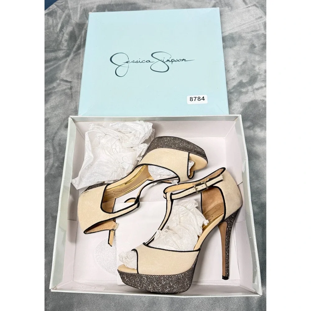 Jessica Simpson Bansi Heels Womens 6.5 Bone Platform T-Strap Sandals Glitter
